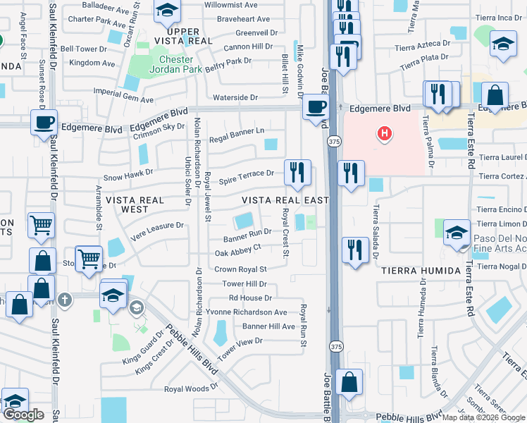 map of restaurants, bars, coffee shops, grocery stores, and more near 12036 Crown Woods Court in El Paso