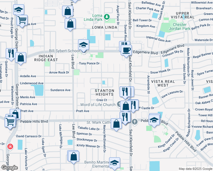map of restaurants, bars, coffee shops, grocery stores, and more near 11607 Great Spirit Circle in El Paso