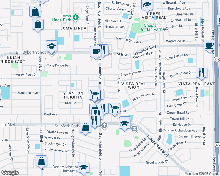 map of restaurants, bars, coffee shops, grocery stores, and more near 11728 Queens Garden Circle in El Paso