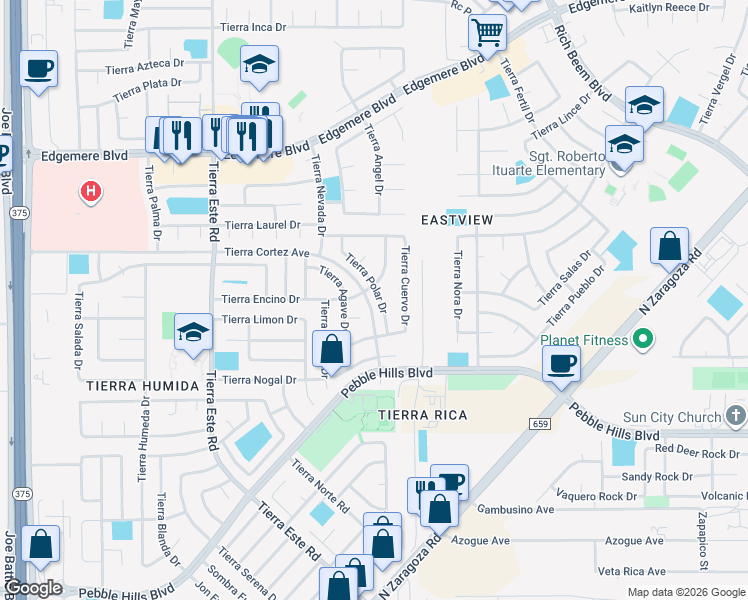 map of restaurants, bars, coffee shops, grocery stores, and more near 3017 Tierra Polar Drive in El Paso