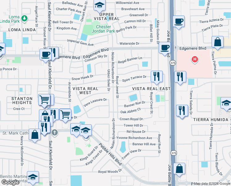 map of restaurants, bars, coffee shops, grocery stores, and more near 11899 Vere Leasure Drive in El Paso