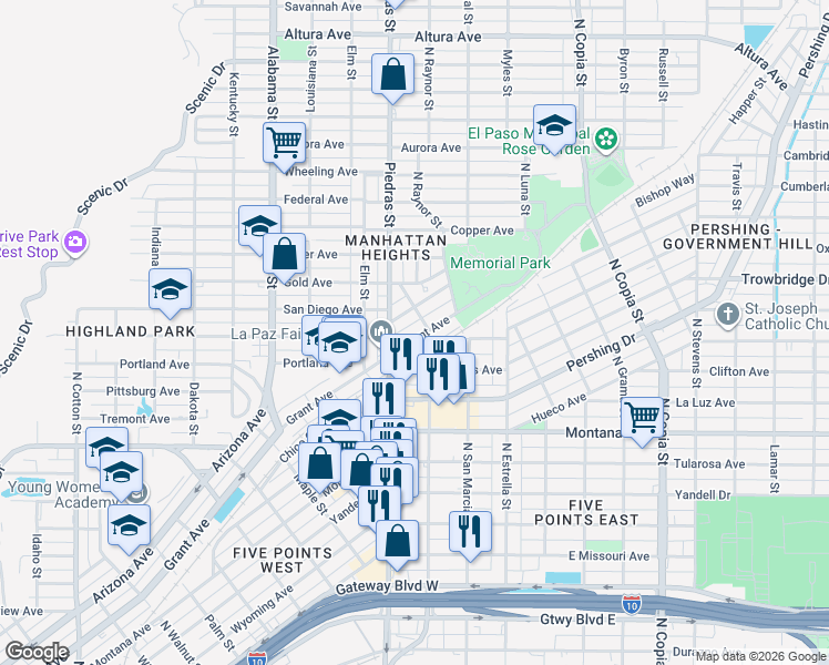 map of restaurants, bars, coffee shops, grocery stores, and more near 2903 Grant Avenue in El Paso