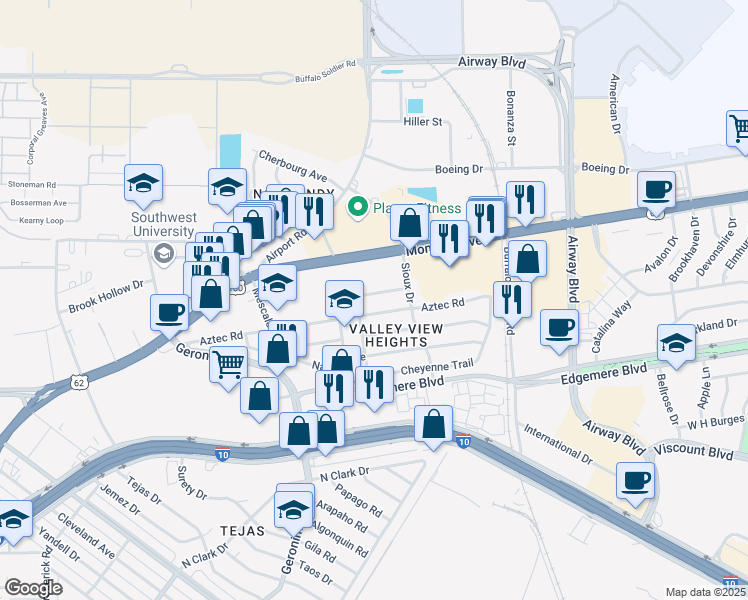 map of restaurants, bars, coffee shops, grocery stores, and more near 6412 Kiowa Court in El Paso