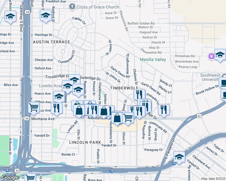 map of restaurants, bars, coffee shops, grocery stores, and more near 1221 Selden Drive in El Paso
