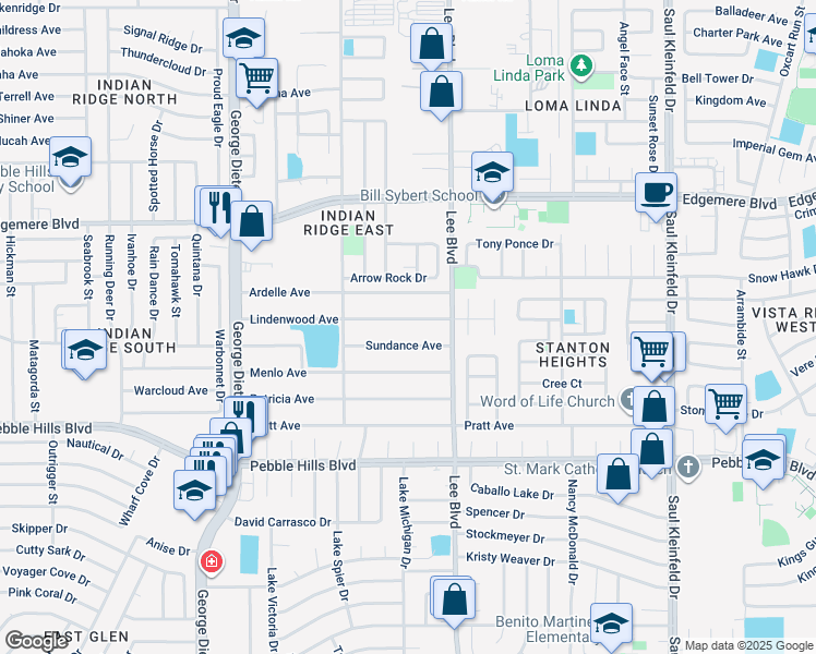 map of restaurants, bars, coffee shops, grocery stores, and more near 11436 Lindenwood Avenue in El Paso