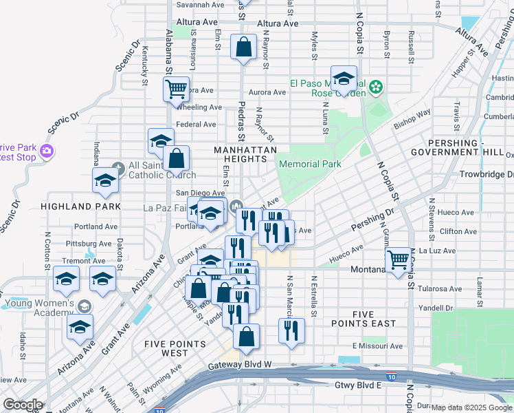 map of restaurants, bars, coffee shops, grocery stores, and more near 2903 Grant Avenue in El Paso