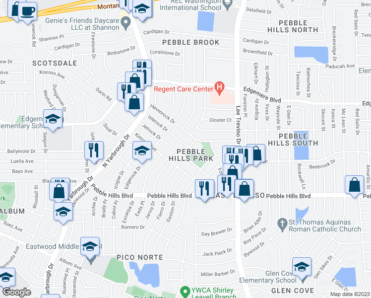 map of restaurants, bars, coffee shops, grocery stores, and more near 3205 Fierro Drive in El Paso