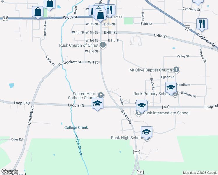 map of restaurants, bars, coffee shops, grocery stores, and more near 100-102 Farm to Market Road 752 in Rusk