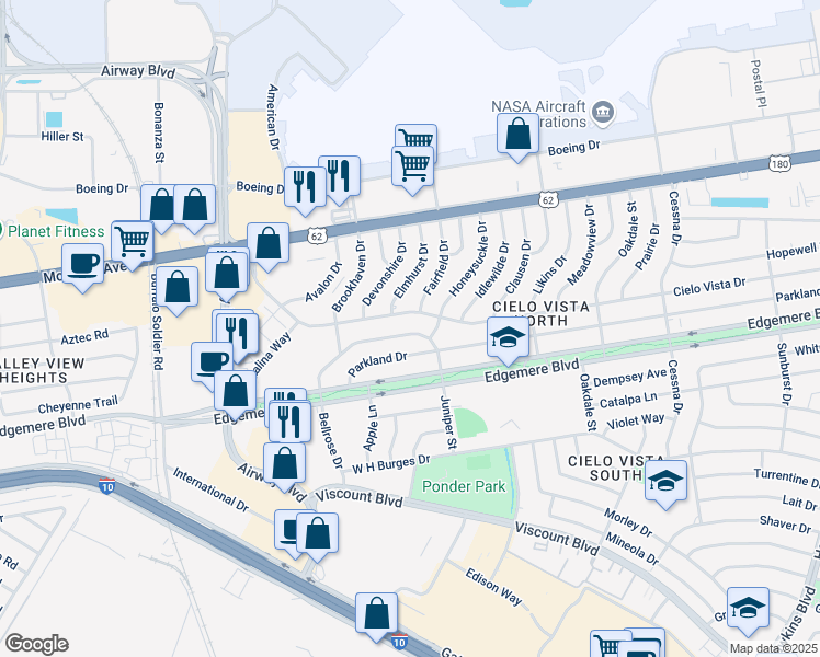 map of restaurants, bars, coffee shops, grocery stores, and more near 7312 Bellrose Drive in El Paso