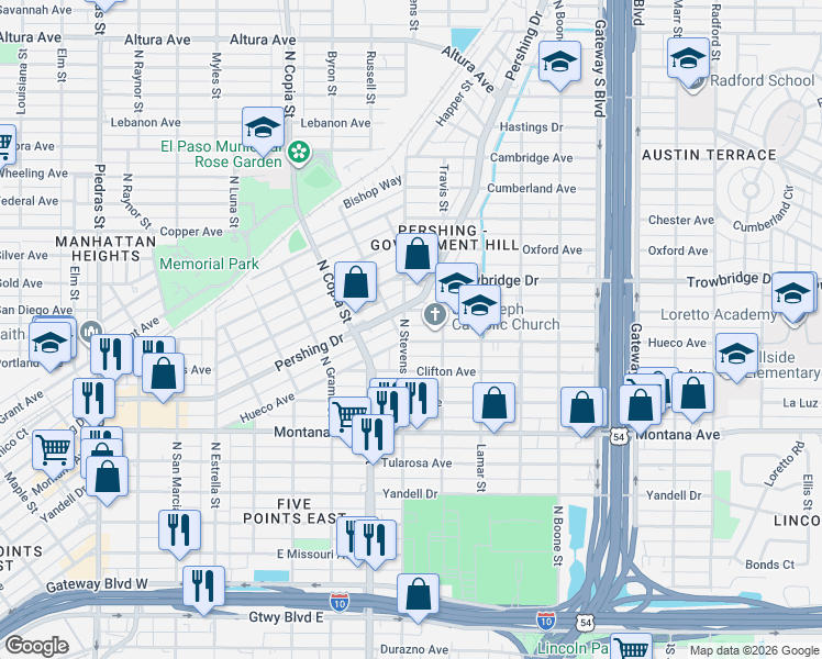 map of restaurants, bars, coffee shops, grocery stores, and more near 1212 North Stevens Street in El Paso