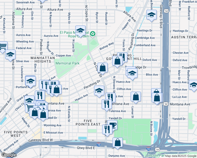 map of restaurants, bars, coffee shops, grocery stores, and more near 3516 Pershing Drive in El Paso