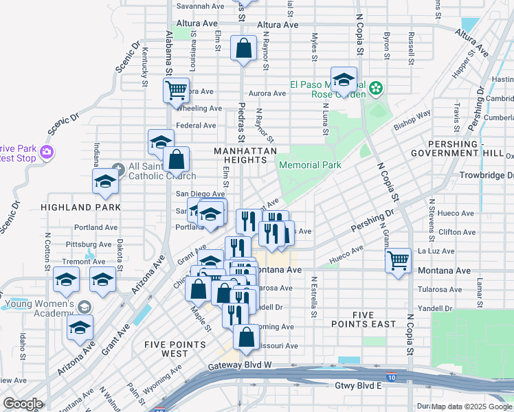 map of restaurants, bars, coffee shops, grocery stores, and more near 2903 Grant Avenue in El Paso