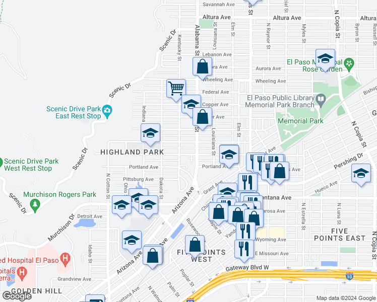 map of restaurants, bars, coffee shops, grocery stores, and more near 2506 San Jose Avenue in El Paso