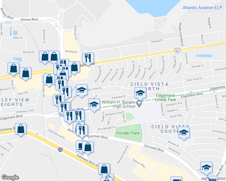 map of restaurants, bars, coffee shops, grocery stores, and more near 7409 Bellrose Drive in El Paso