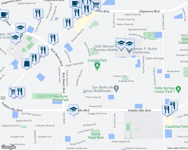 map of restaurants, bars, coffee shops, grocery stores, and more near 14177 Coyote Trail in El Paso