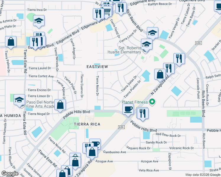 map of restaurants, bars, coffee shops, grocery stores, and more near 12708 Tierra Monje in El Paso