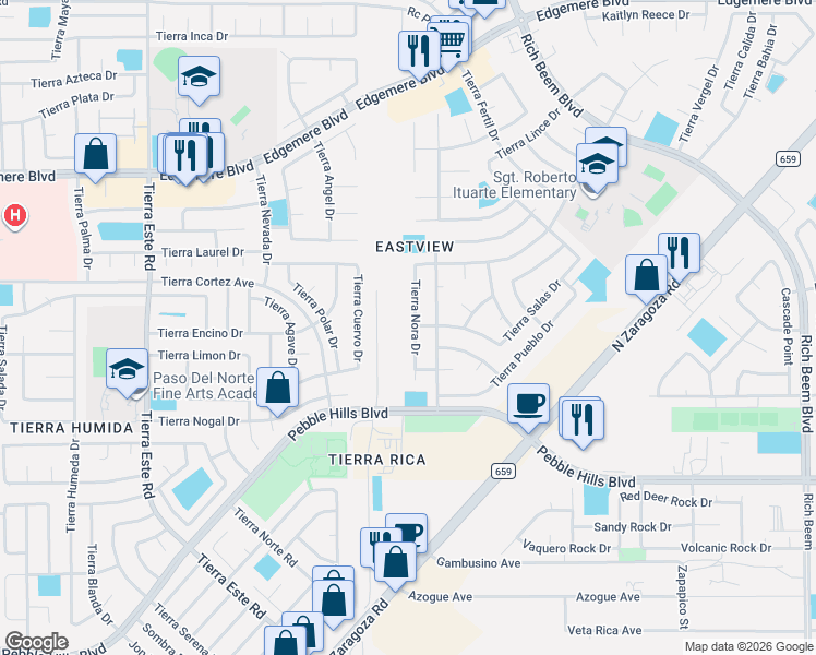 map of restaurants, bars, coffee shops, grocery stores, and more near 3045 Tierra Nora Drive in El Paso