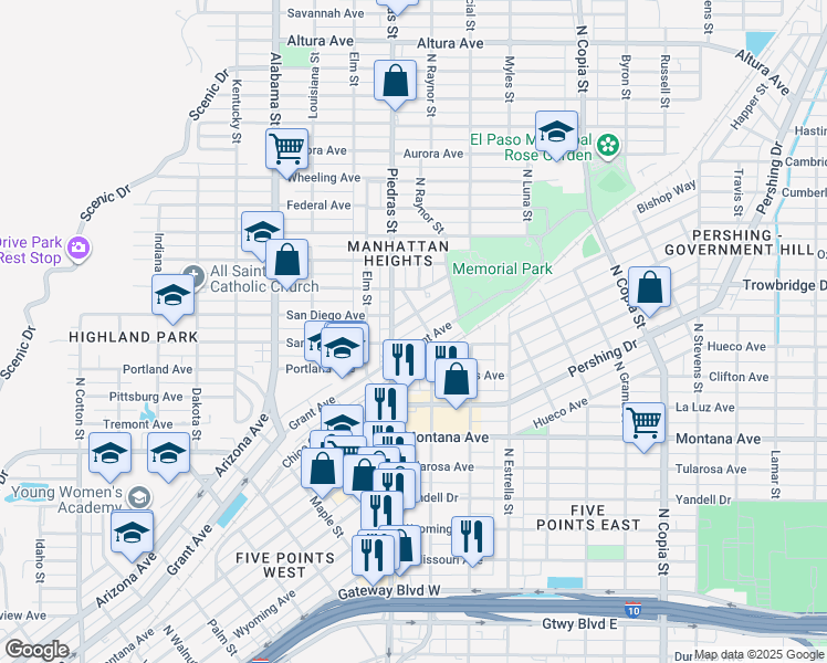 map of restaurants, bars, coffee shops, grocery stores, and more near 2903 Grant Avenue in El Paso