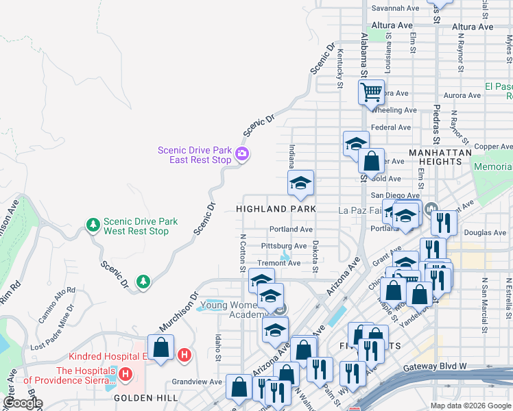 map of restaurants, bars, coffee shops, grocery stores, and more near 1330 North Cotton Street in El Paso