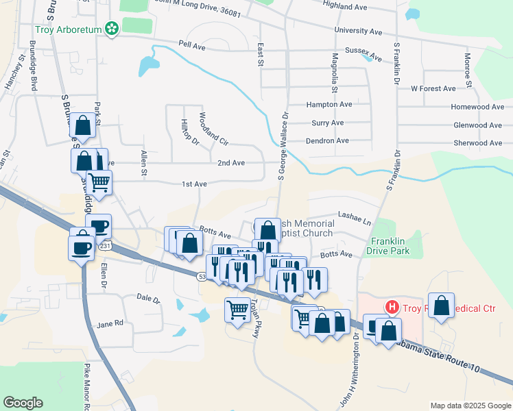 map of restaurants, bars, coffee shops, grocery stores, and more near 521 South George Wallace Drive in Troy