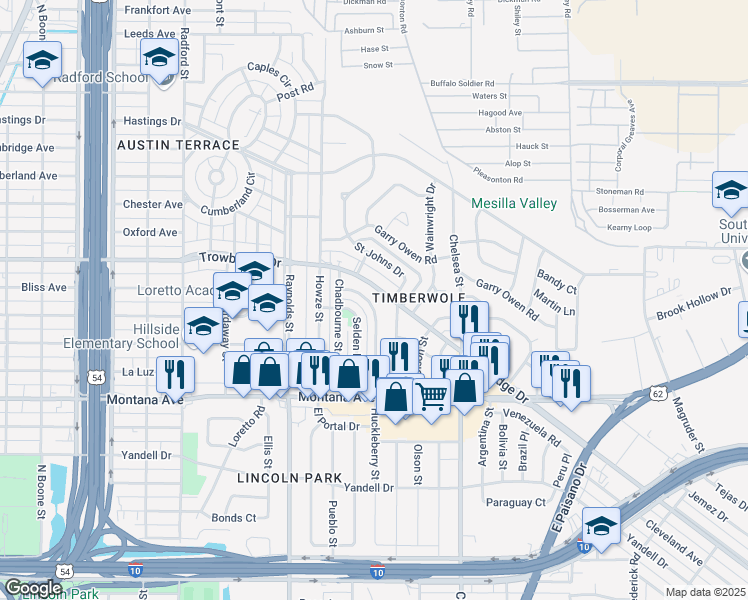 map of restaurants, bars, coffee shops, grocery stores, and more near 1221 Selden Drive in El Paso