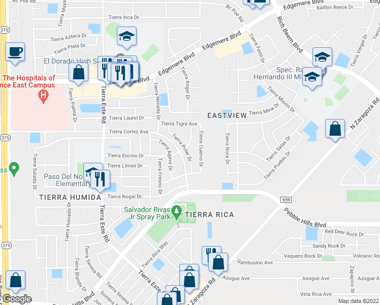 map of restaurants, bars, coffee shops, grocery stores, and more near 3036 Tierra Polar Drive in El Paso