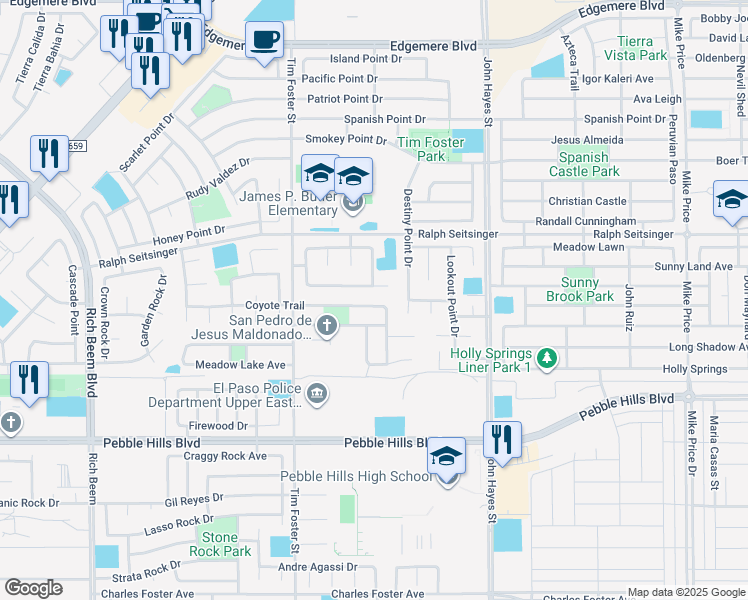 map of restaurants, bars, coffee shops, grocery stores, and more near 14381 Apache Point Drive in El Paso