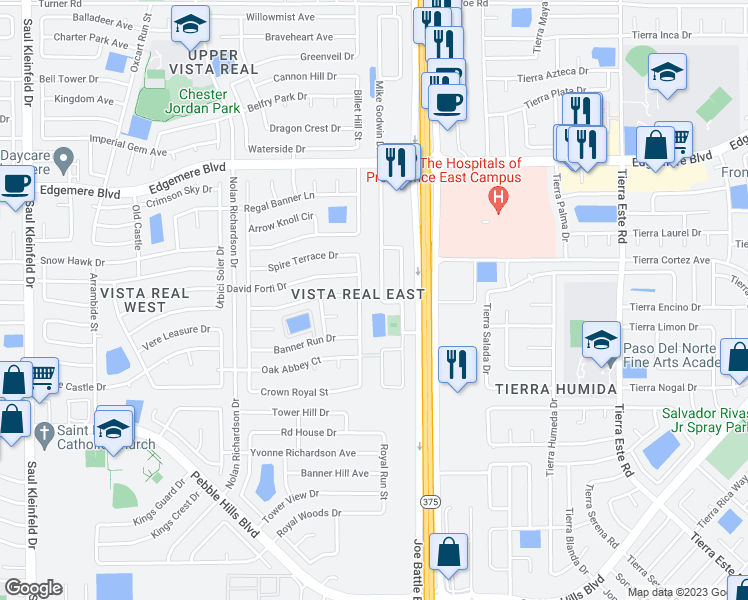 map of restaurants, bars, coffee shops, grocery stores, and more near 3237 Mike Godwin Drive in El Paso