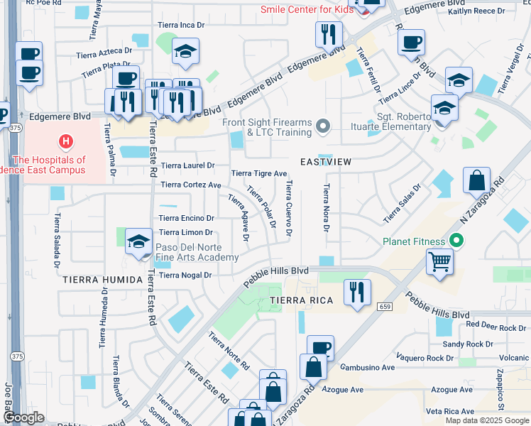 map of restaurants, bars, coffee shops, grocery stores, and more near 3041 Tierra Polar Drive in El Paso