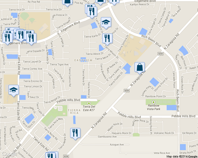 map of restaurants, bars, coffee shops, grocery stores, and more near 3120 Tierra Paola Lane in El Paso