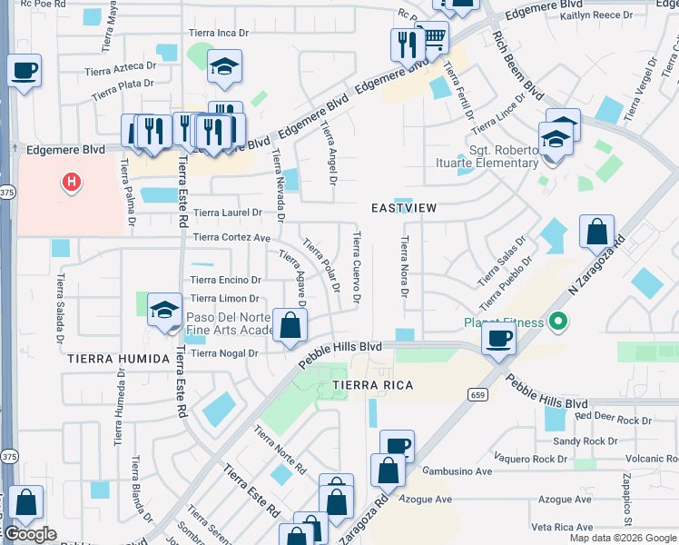 map of restaurants, bars, coffee shops, grocery stores, and more near 3117 Tierra Encino Drive in El Paso