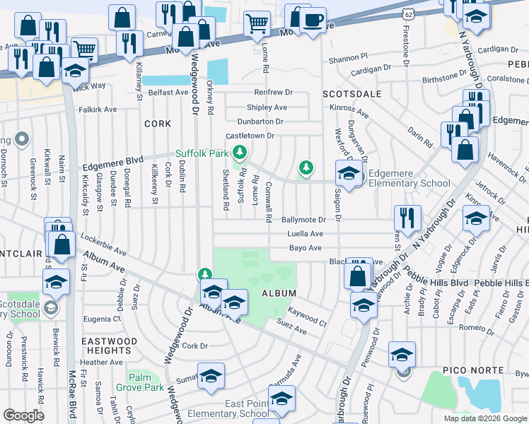map of restaurants, bars, coffee shops, grocery stores, and more near 3210 Cornwall Road in El Paso