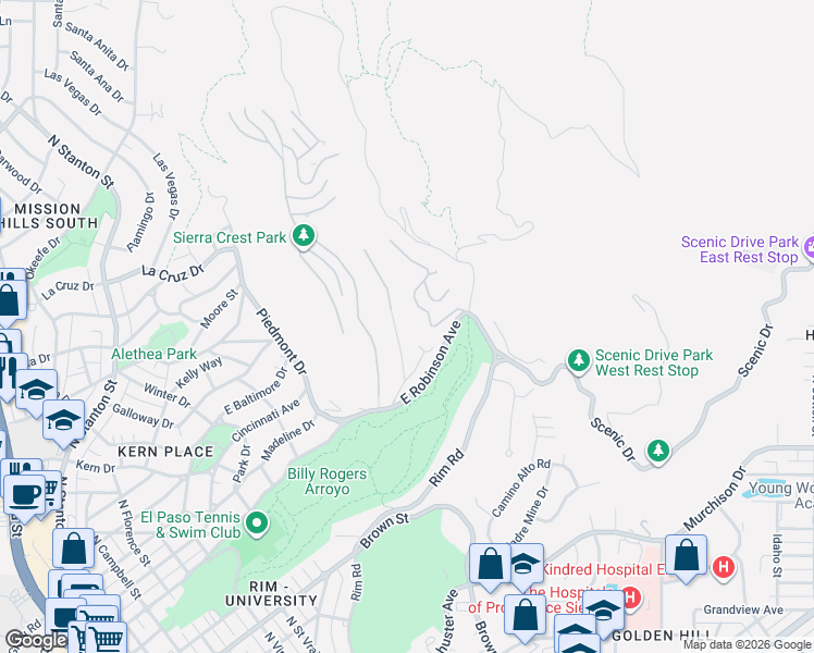 map of restaurants, bars, coffee shops, grocery stores, and more near 30 Kingery Drive in El Paso