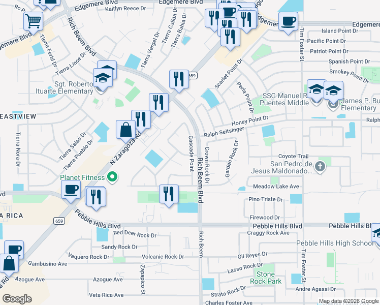 map of restaurants, bars, coffee shops, grocery stores, and more near 14057 Tower Point Way in El Paso