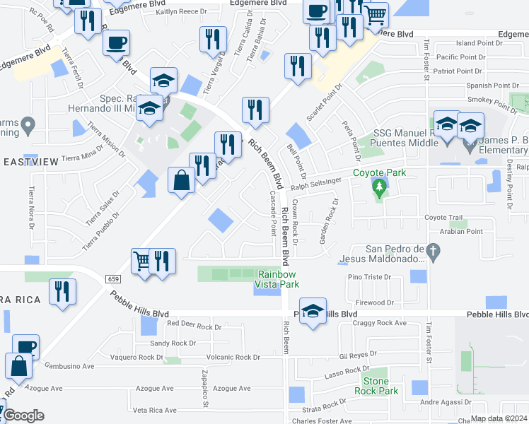 map of restaurants, bars, coffee shops, grocery stores, and more near 14045 Tower Point Way in El Paso