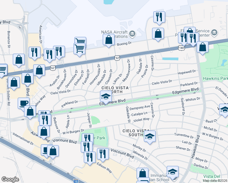 map of restaurants, bars, coffee shops, grocery stores, and more near 7900 Cielo Vista Drive in El Paso