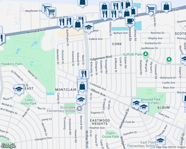 map of restaurants, bars, coffee shops, grocery stores, and more near 3221 Glasgow Street in El Paso