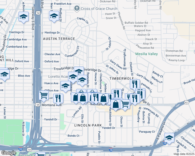 map of restaurants, bars, coffee shops, grocery stores, and more near 1315 Chadbourne Street in El Paso