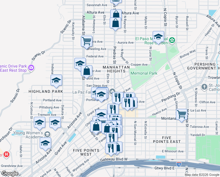map of restaurants, bars, coffee shops, grocery stores, and more near 1401 Elm Street in El Paso