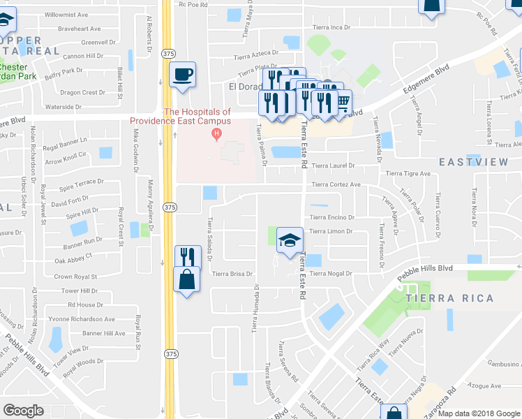 map of restaurants, bars, coffee shops, grocery stores, and more near 3092 Tierra Humeda Drive in El Paso