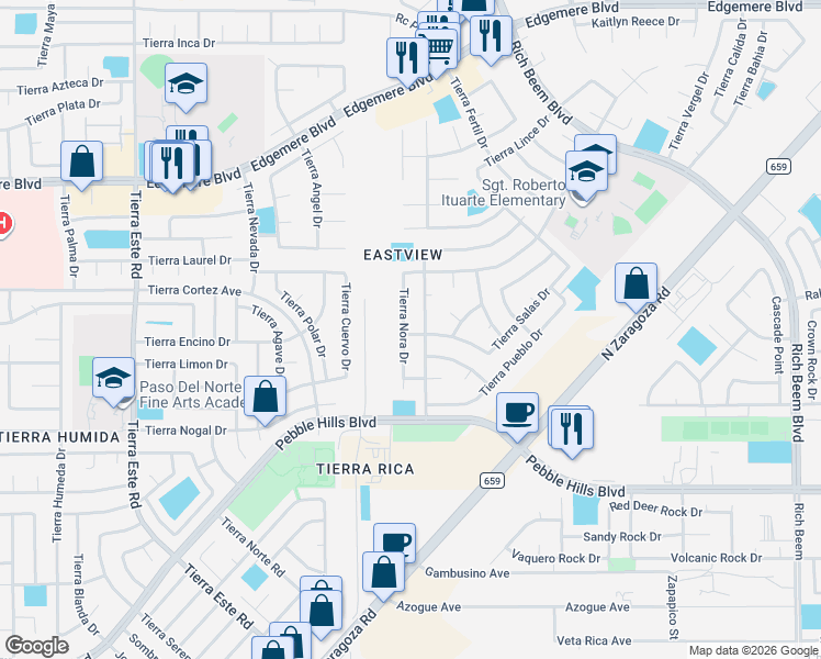 map of restaurants, bars, coffee shops, grocery stores, and more near 3117 Tierra Nora in El Paso