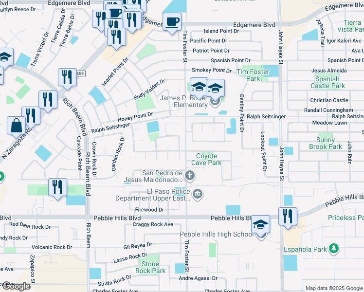 map of restaurants, bars, coffee shops, grocery stores, and more near 3104 Coyote Draw Place in El Paso