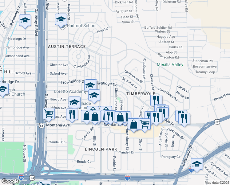 map of restaurants, bars, coffee shops, grocery stores, and more near 1315 Chadbourne Street in El Paso