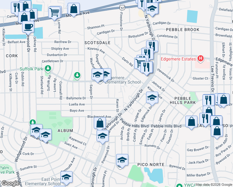map of restaurants, bars, coffee shops, grocery stores, and more near 3208 Lampliter Place in El Paso