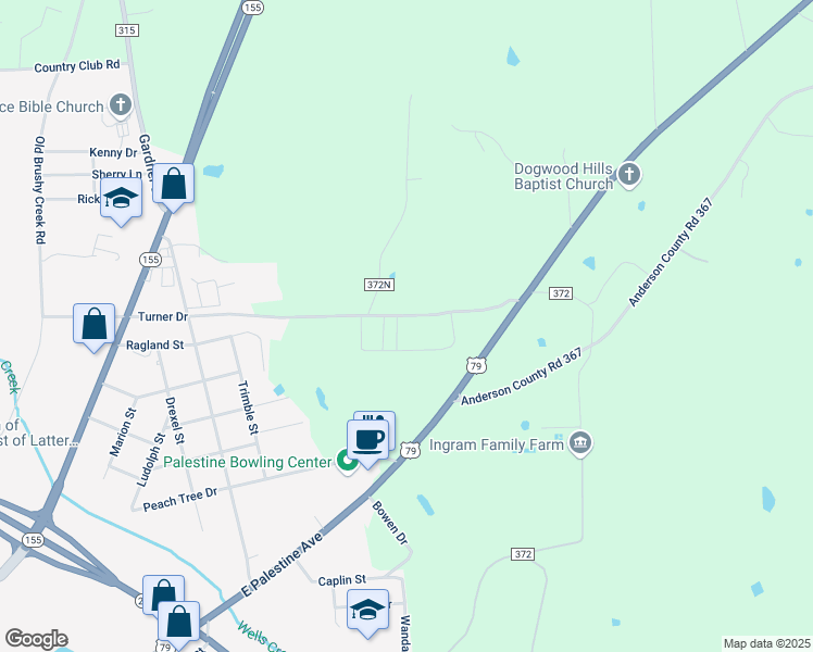 map of restaurants, bars, coffee shops, grocery stores, and more near 331 Turner Drive in Palestine