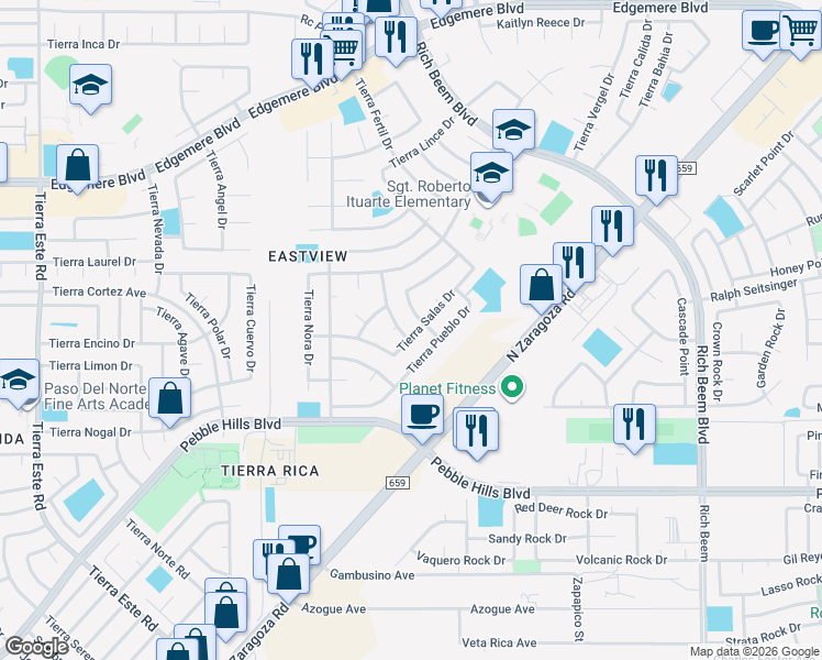 map of restaurants, bars, coffee shops, grocery stores, and more near 3108 Tierra Ayala Drive in El Paso