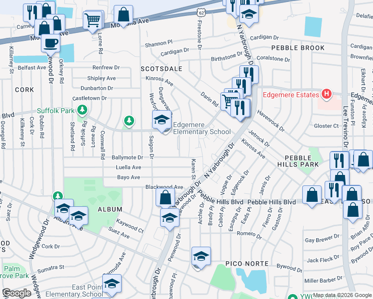 map of restaurants, bars, coffee shops, grocery stores, and more near 3209 Lampliter Place in El Paso