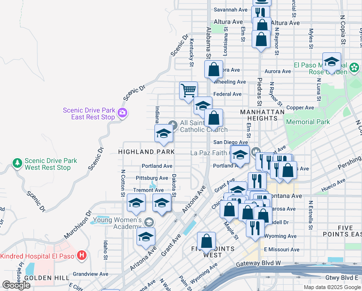 map of restaurants, bars, coffee shops, grocery stores, and more near 2409 San Diego Avenue in El Paso