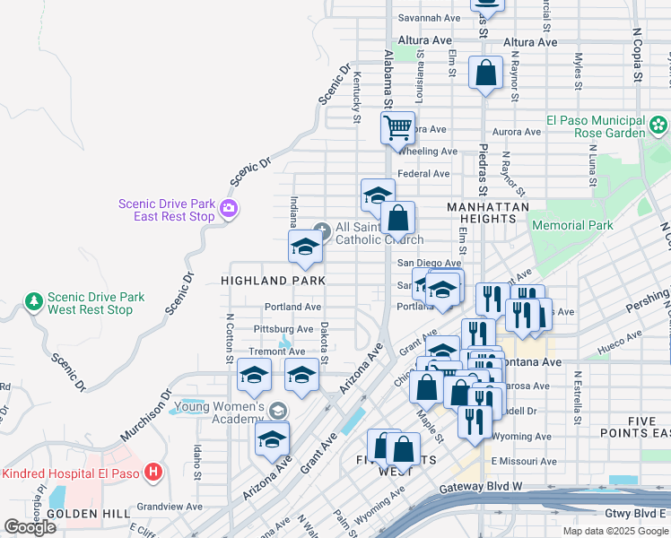 map of restaurants, bars, coffee shops, grocery stores, and more near 2409 San Diego Avenue in El Paso