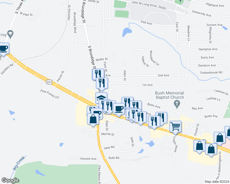 map of restaurants, bars, coffee shops, grocery stores, and more near 104 1st Avenue in Troy
